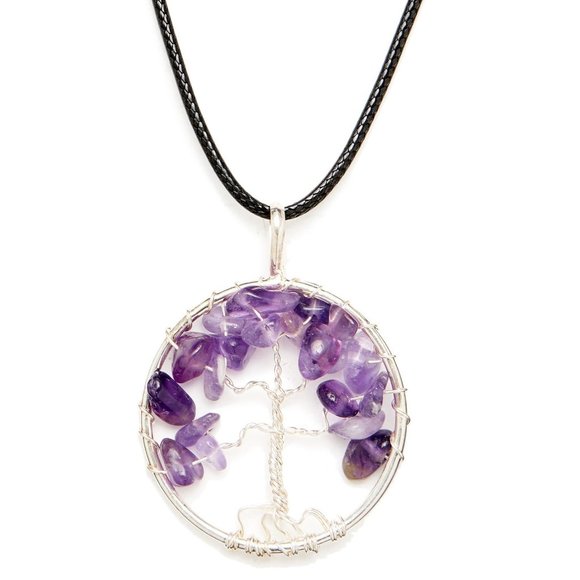 Round Silver Pendant Wire Wrapped Amethyst Tree of Life Fashion Necklace - Picture 4 of 8